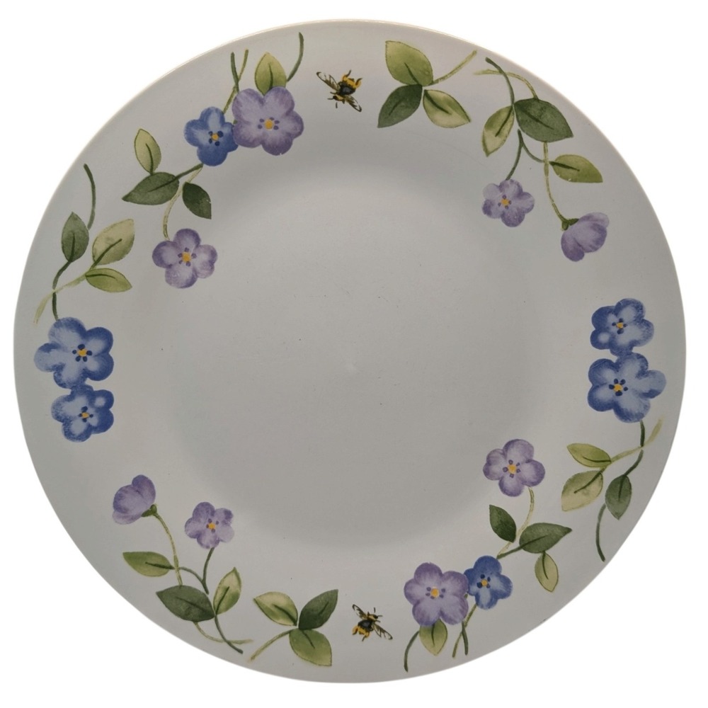 Pfaltzgraff Perennials Dinner Plate Floral Bees Spring Blue Purple Stoneware SEE
